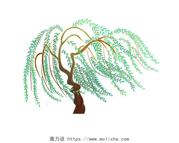 绿色手绘卡通柳树柳叶春天元素PNG素材